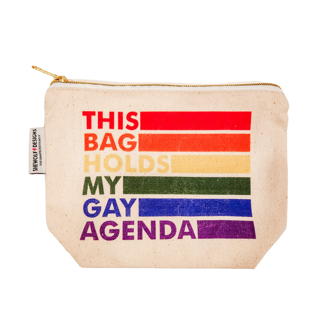Pouch with rainbow-colored text on a white background