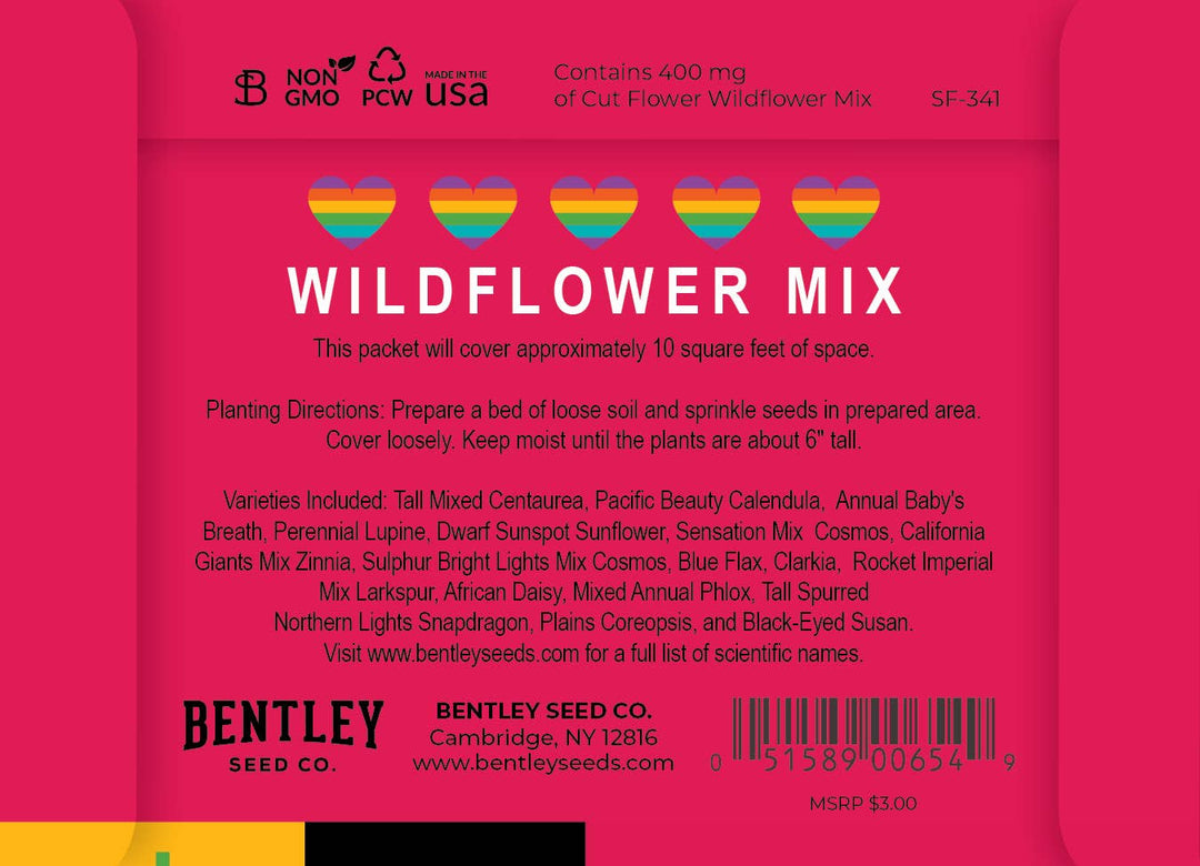 Bentley Seed Co. wildflower mix packet with pink background and text.