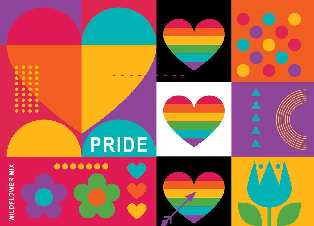 Colorful collage of heart shapes, flowers, and abstract patterns with 'PRIDE' text.