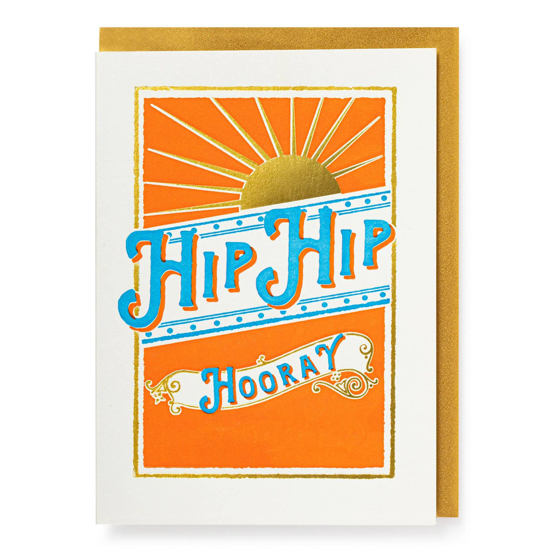 A greeting card with 'Hip Hip Hooray' text in a banner on an orange background, with a golden envelope.