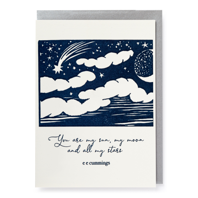 Greeting card with a printed quote 'You are my sun, my moon and all my stars' by E. E.