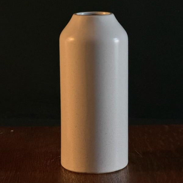 A beige ceramic vase with earth-tone flecks on a dark background.