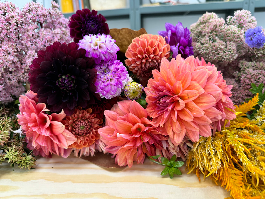 Colorful bouquet of flowers including dahlias on a striped surface