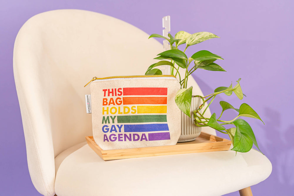 Pouch with rainbow design and text on a chair with a plant against a purple background
