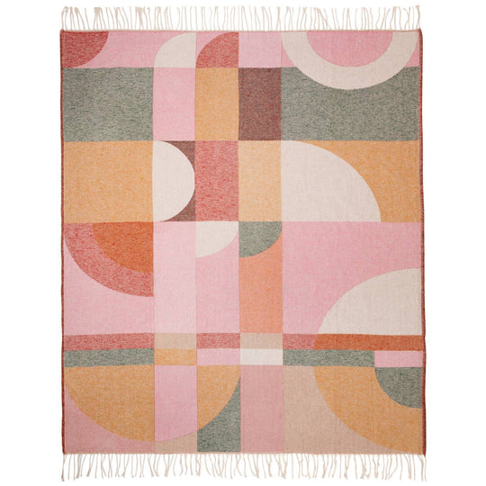 A colorful geometric patterned throw with tassels displayed on a white background.