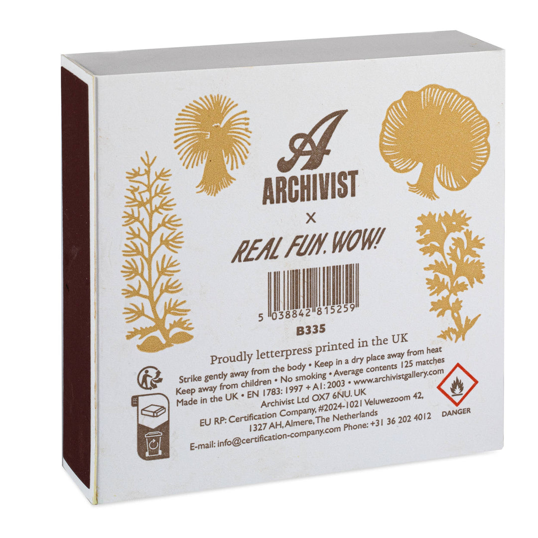 Matchbox packaging with gold illustrations and 'Archivist' branding on a white background