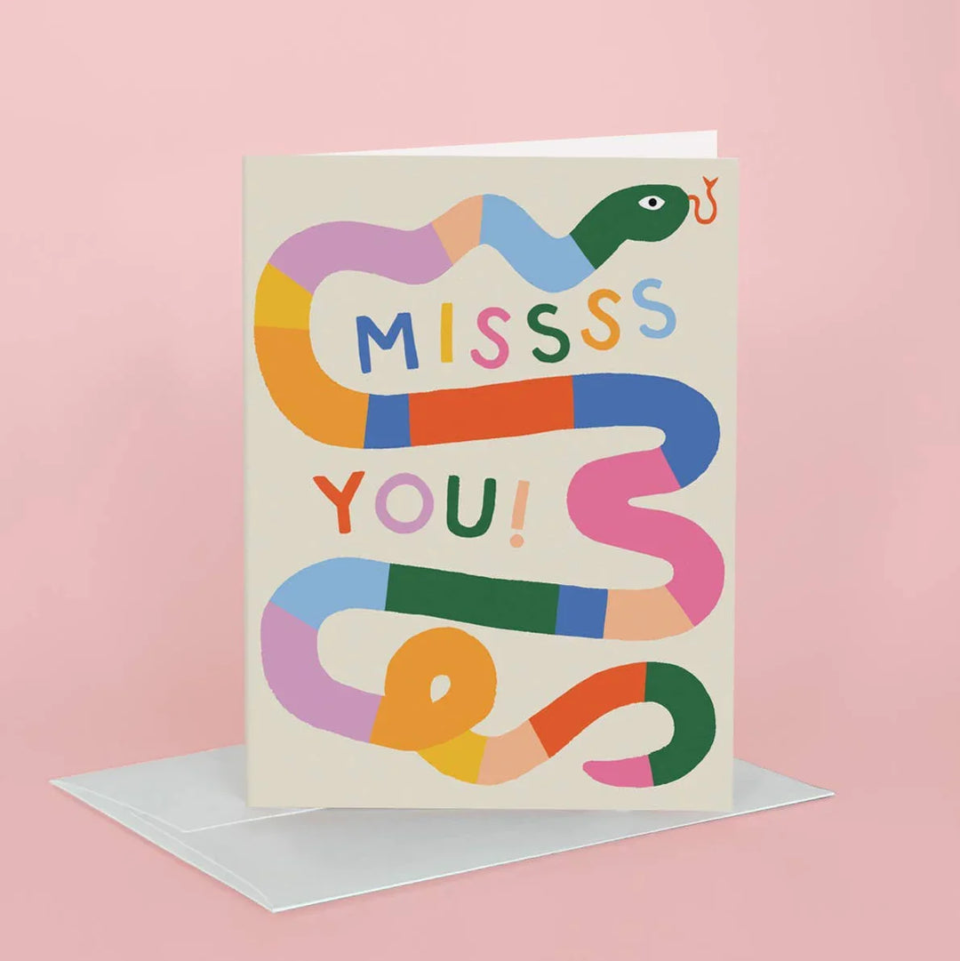 Colorful card with snake design and 'MISSSS YOU!' text on a pink background