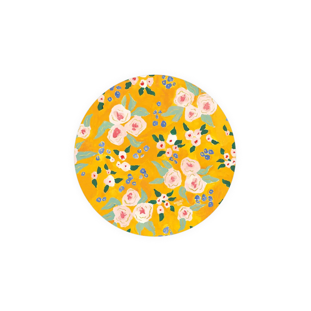 Yellow floral pattern with pink roses and blue berries on a round plate