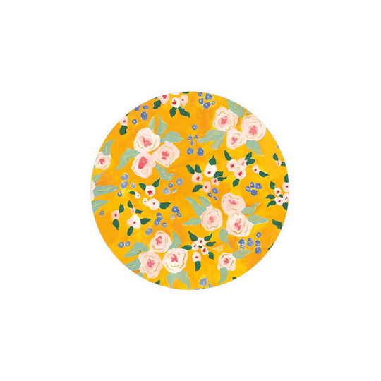 Yellow floral pattern with pink roses and blue berries on a round plate