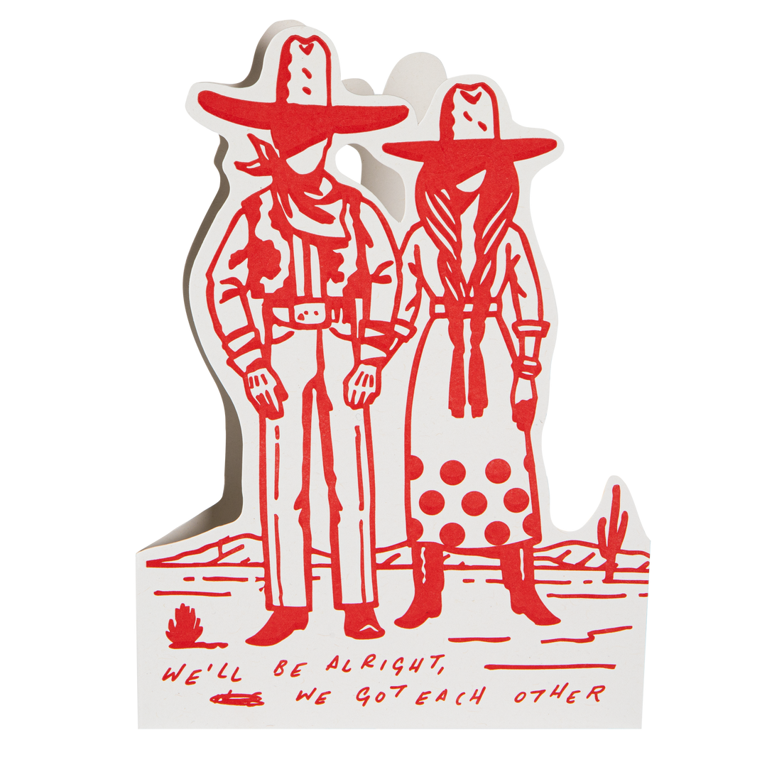 Red illustration of two people in cowboy hats with a desert scene and text on a white background
