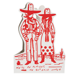 Red illustration of two people in cowboy hats with a desert scene and text on a white background