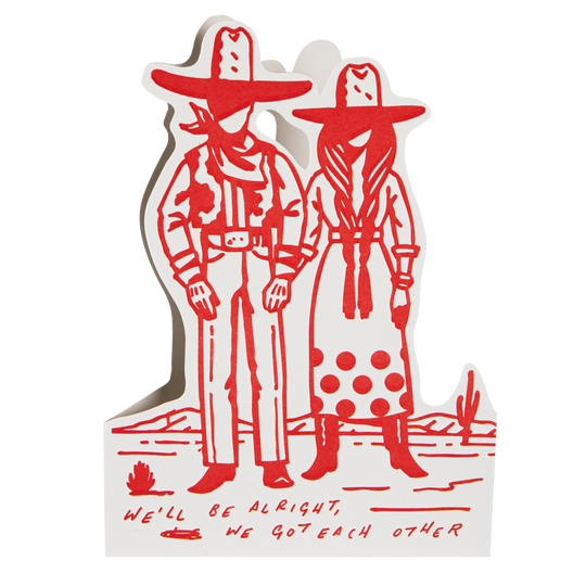 Red illustration of two people in cowboy hats with a desert scene and text on a white background