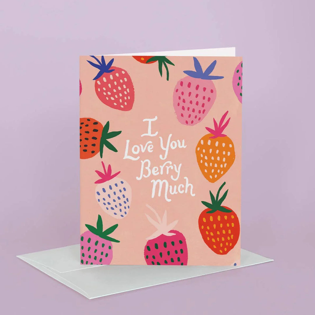 Card with strawberry pattern and 'I Love You Berry Much' text on a pink background