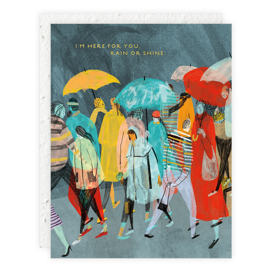 Illustration of people with colorful umbrellas and text 'I'm here for you rain or shine' on a blue background.