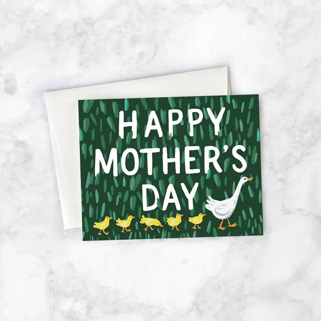 Mother's Day card with a goose and ducklings on a green background