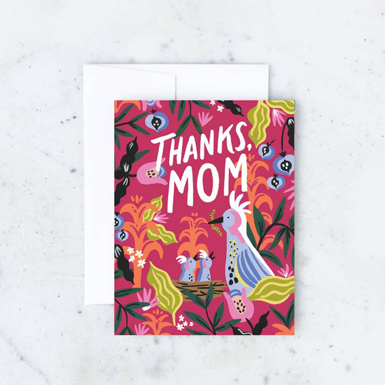 Colorful greeting card with 'Thanks, Mom' text on a white background