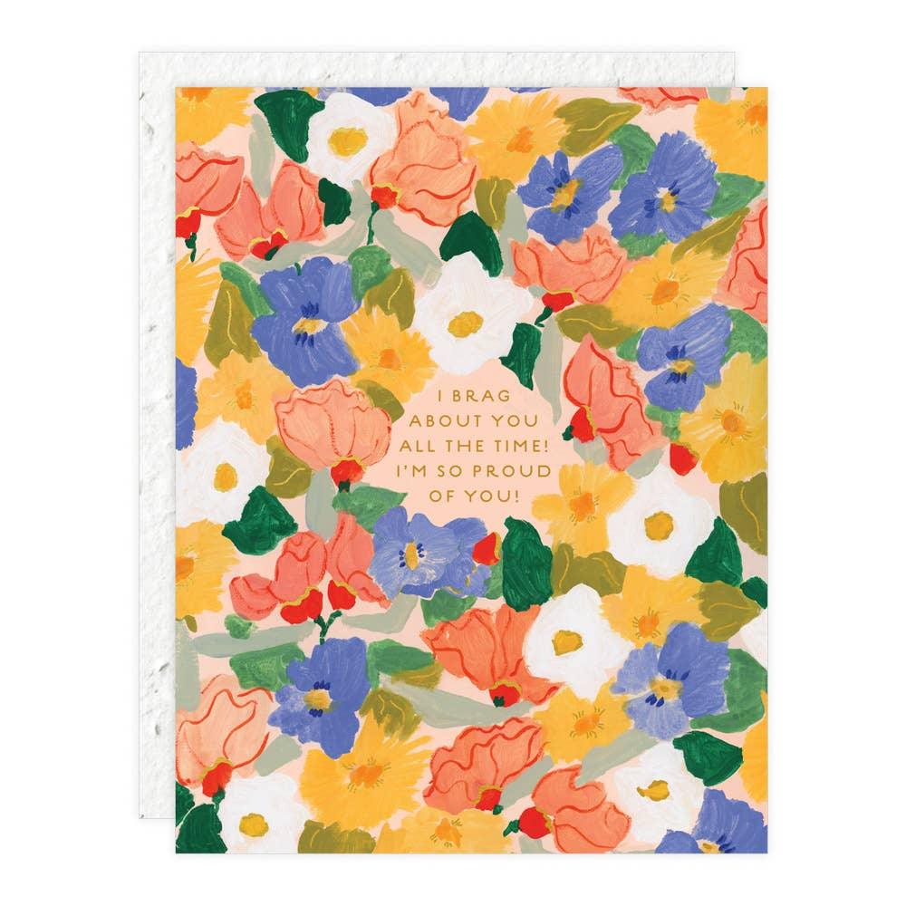 Floral patterned card with colorful flowers and text on a white background