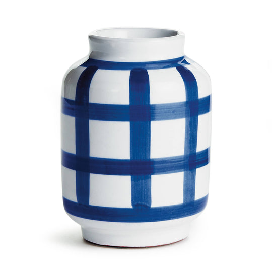 Ceramic vase with blue and white checkered pattern on a white background