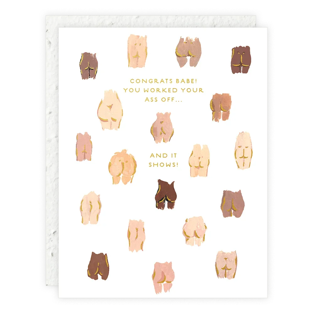 Greeting card with illustrations of buttocks and humorous text on a white background