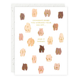 Greeting card with illustrations of buttocks and humorous text on a white background