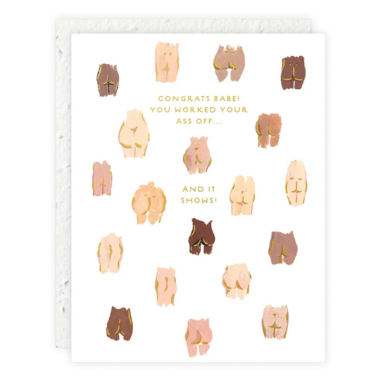 Greeting card with illustrations of buttocks and humorous text on a white background