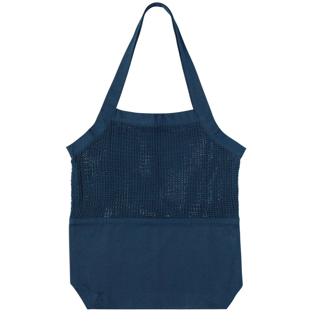 Blue tote bag with textured top section on a white background