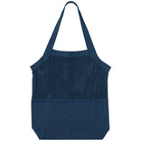 Blue tote bag with textured top section on a white background