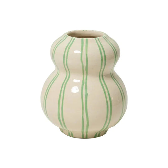 Cream ceramic vase with green stripes, perfect for fresh floral arrangements