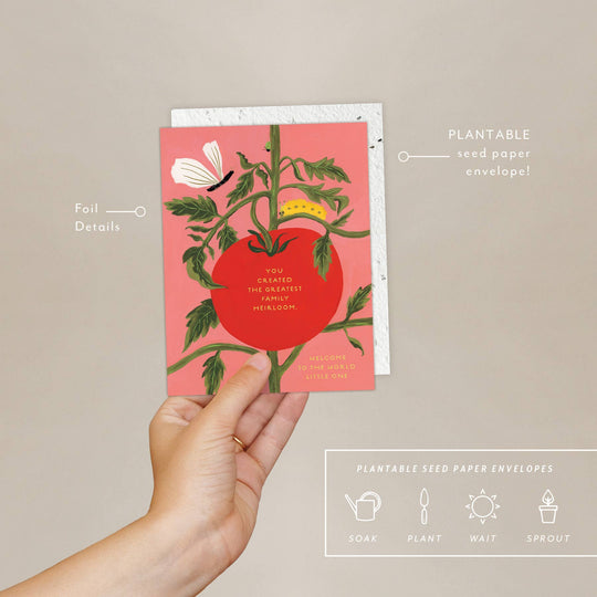 Hand holding a plantable seed paper envelope with a tomato design on a beige background