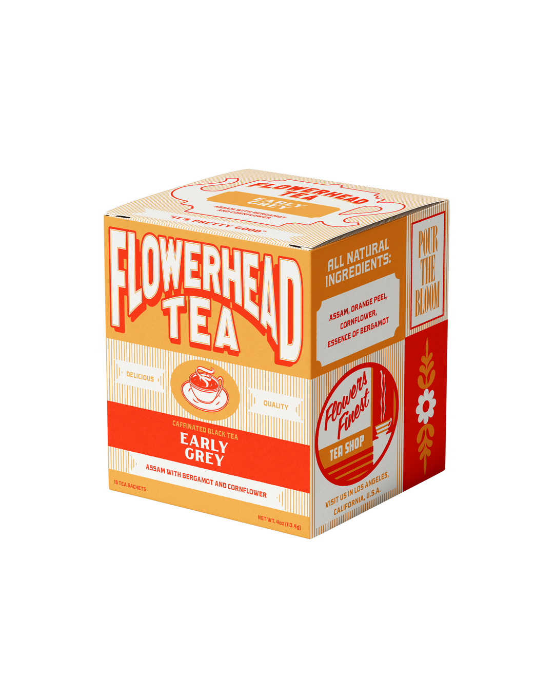 Box of Flowerhead Tea with orange and white design on a white background
