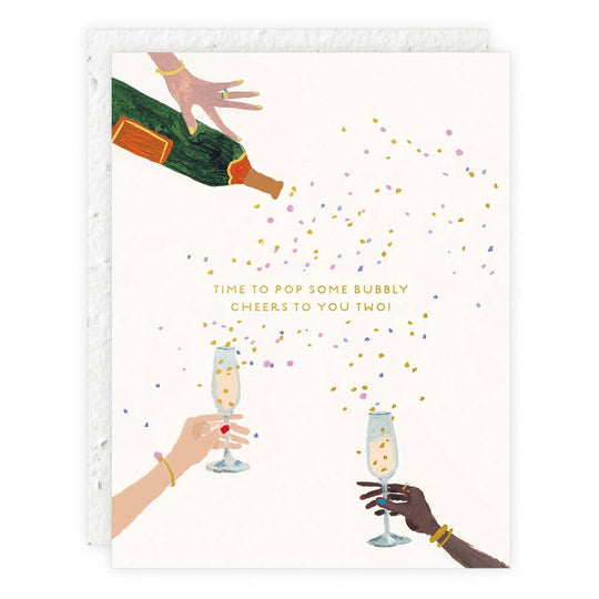 Card with illustration of hands holding champagne bottles and glasses, and text 'Time to pop some bubbly. Cheers to you too!'