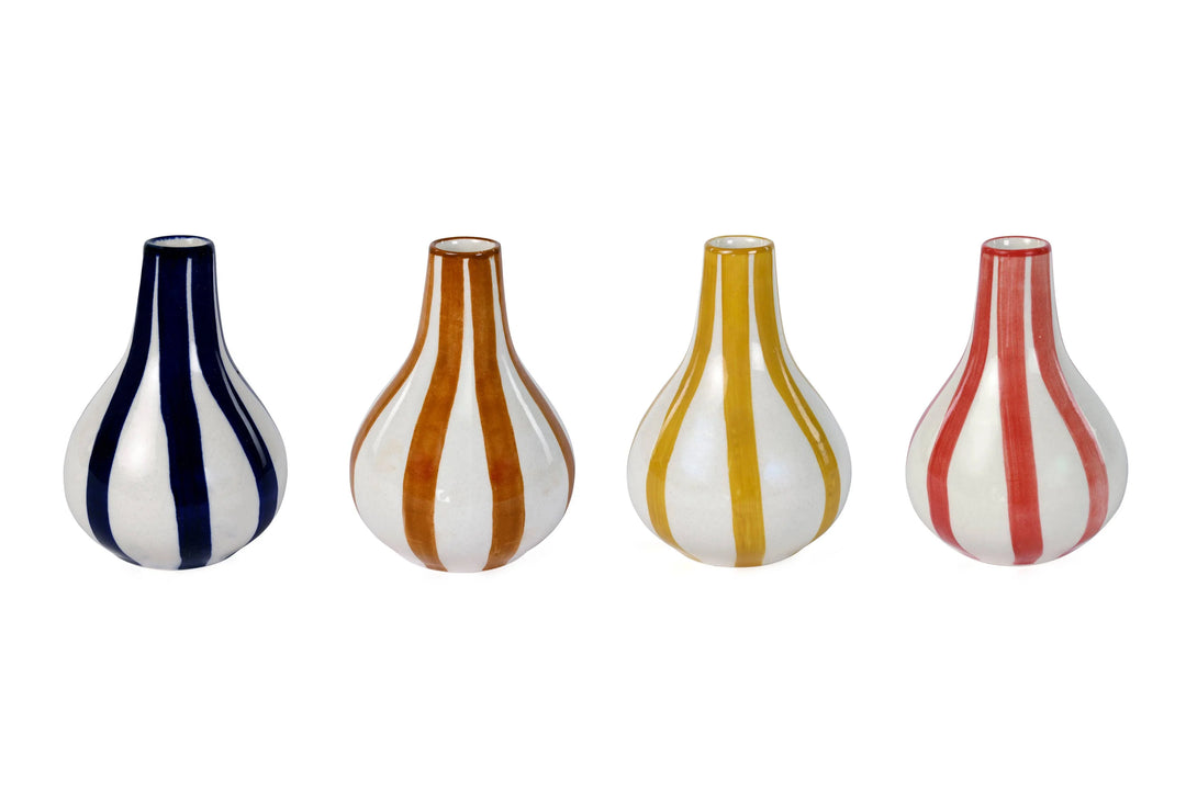 Set of four striped ceramic vases in blue, brown, yellow, and red for floral arrangements