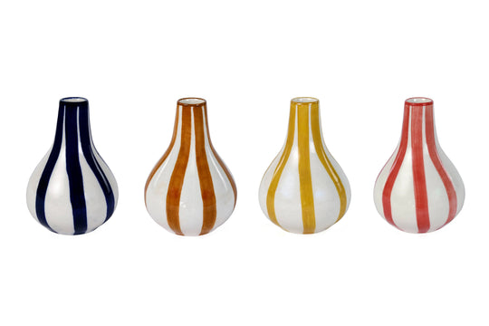 Set of four striped ceramic vases in blue, brown, yellow, and red for floral arrangements