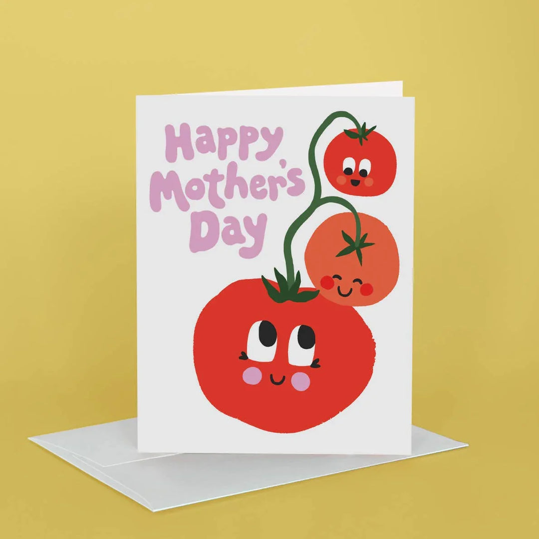 Mother's Day card with cartoon tomatoes on a yellow background