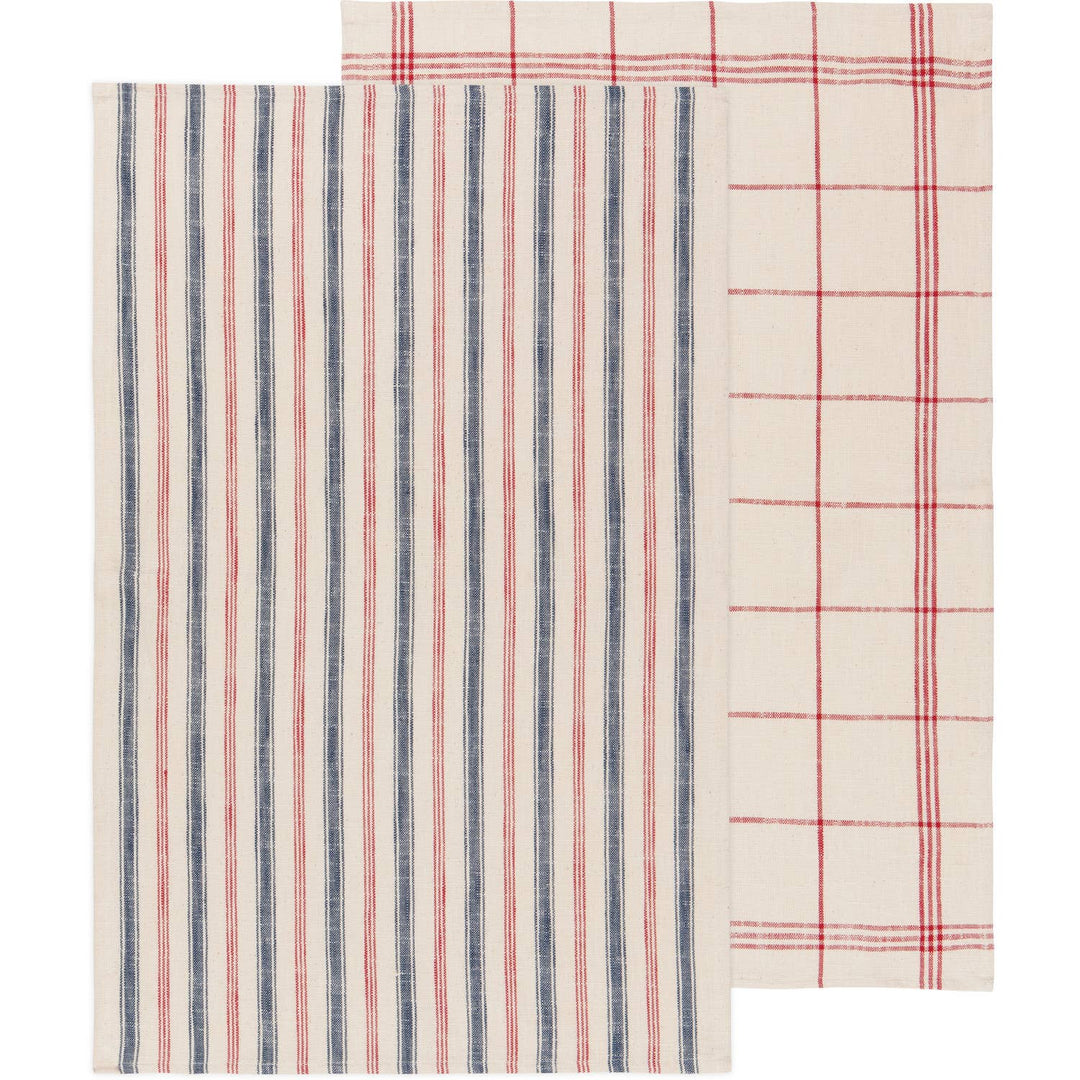 Two kitchen towels with striped and checkered patterns on a white background