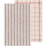 Two kitchen towels with striped and checkered patterns on a white background
