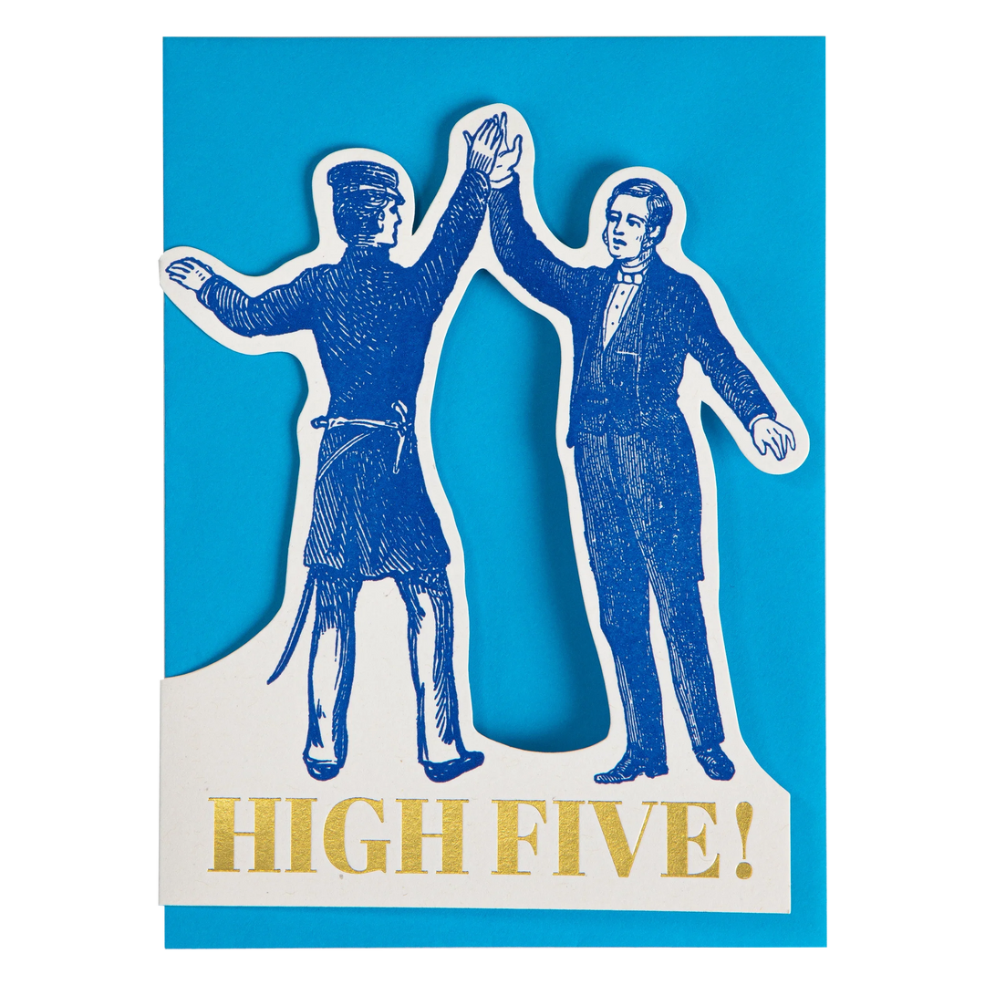Card with cut-out figures of two men giving a high-five against a blue background with 'HIGH FIVE!' text.