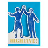 Card with cut-out figures of two men giving a high-five against a blue background with 'HIGH FIVE!' text.