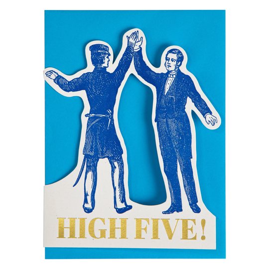 Card with cut-out figures of two men giving a high-five against a blue background with 'HIGH FIVE!' text.