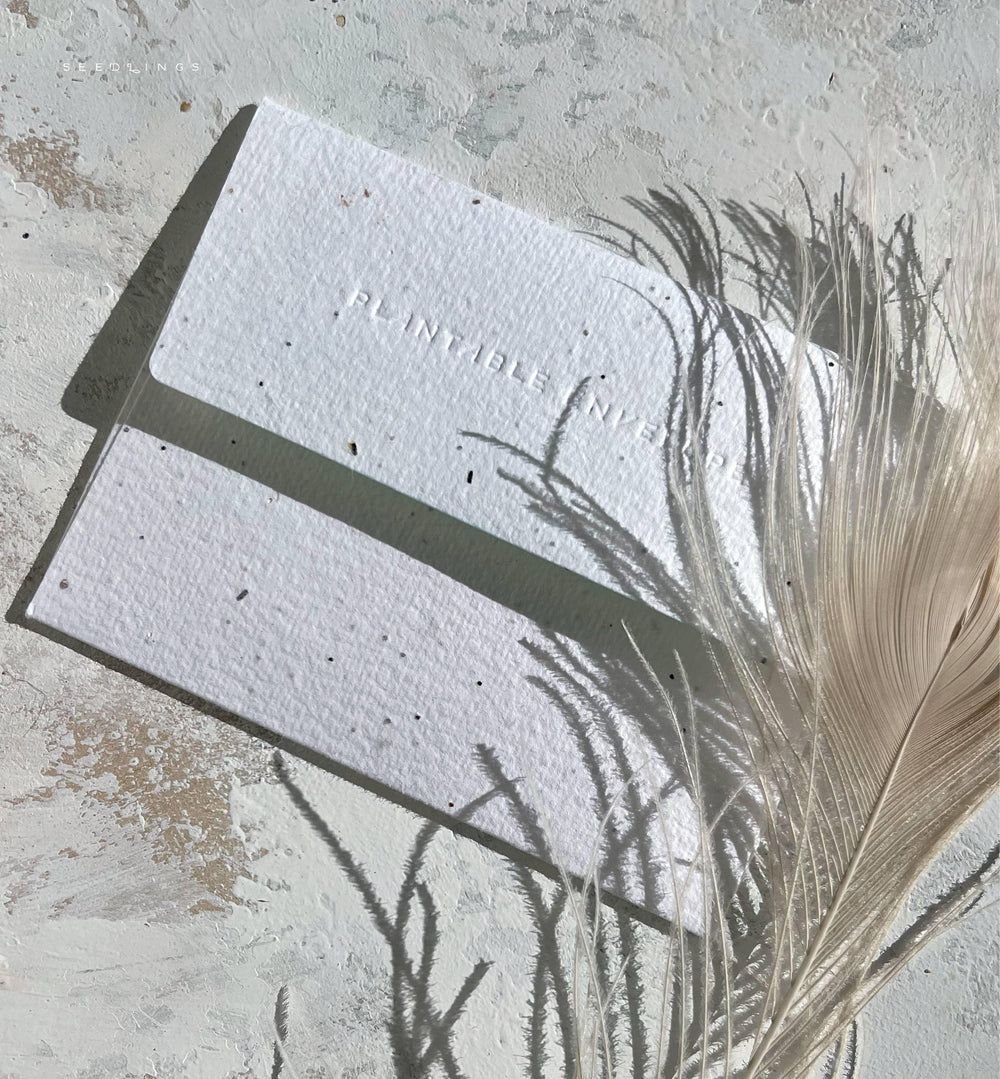 Seed paper card with 'Plantable' text on a textured surface with a feather.