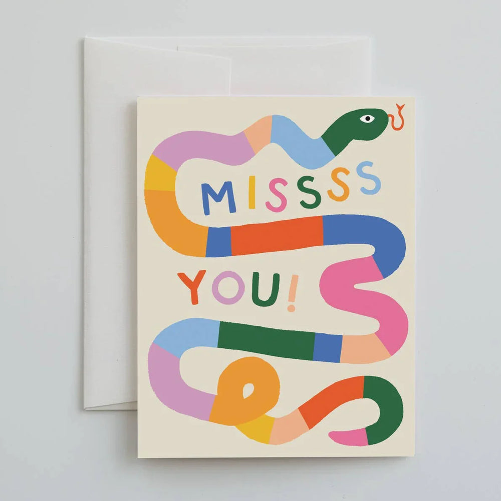 Greeting card with colorful snake design and 'MISSSS YOU!' text on a light gray background