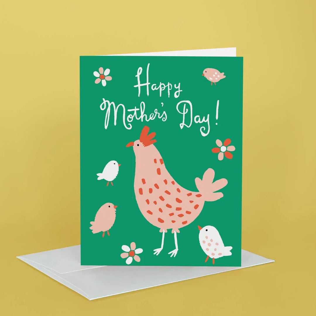 Mother's Day card with a chicken and chicks design on a green background