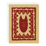Card with a red bat illustration and 'Always in your heart' text on a beige background
