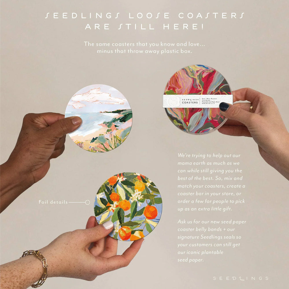Artistic seed paper coasters with floral and landscape designs, eco-friendly and plantable
