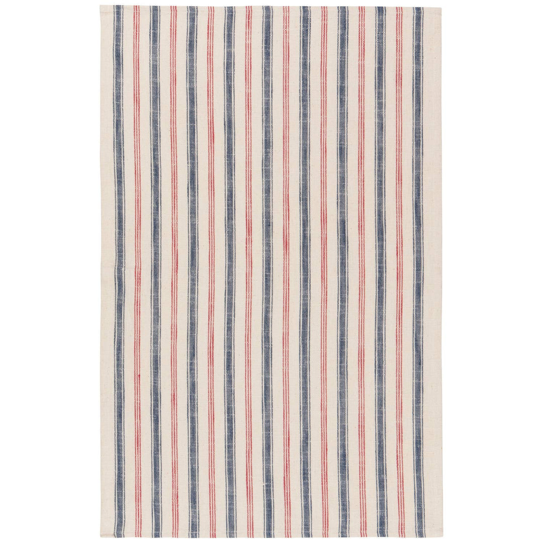 Striped fabric with red and blue vertical lines on a white background