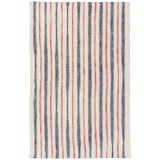 Striped fabric with red and blue vertical lines on a white background
