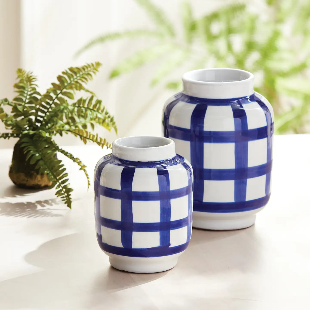 Two ceramic jars with blue and white checkered pattern on a light surface with a plant in the background.