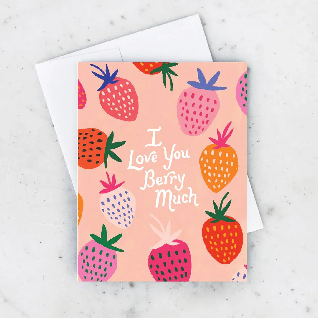 Greeting card with strawberry pattern and 'I Love You Berry Much' text on a light background