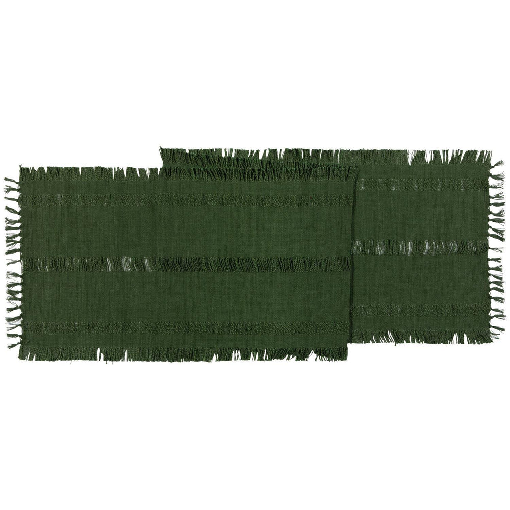 Two green woven placemats with fringed edges on a white background
