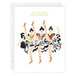 Illustration of three dancers with candles on a white background with text.